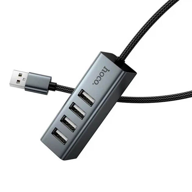 USB-хаб Hoco HB1A 4 порти USB 2.0 швидкість до 480 Мбіт/с алюмінієвий сірий для ноутбуків та комп'ютерів - зображення 5