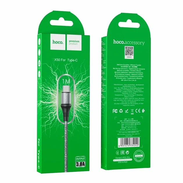Кабель USB Type-C 3А 1м сірий Hoco X50 Excellent для заряджання та синхронізації пристроїв - зображення 2