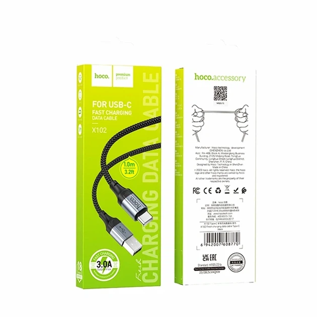 Кабель USB Type-C 3A 1м чорний нейлонова обплетення Hoco X102 для заряджання та синхронізації - зображення 2