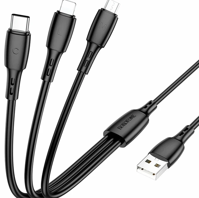 Кабель USB Borofone BX71 3 в 1 2А 0.8м Micro USB Type-C Lightning чорний - Фото 1 Кабель USB Borofone BX71 3 в 1 2А 0.8м Micro USB Type-C Lightning чорний - зображення 1