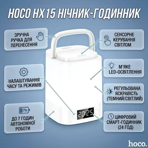 Нічник Hoco HX15 з годинником для освітлення спальні білий - зображення 6