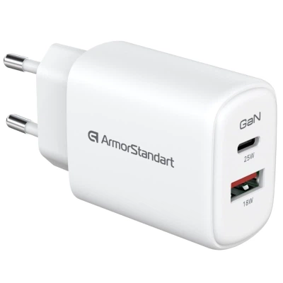 Зарядний пристрій Armorstandart 1xUSB-C + 1xUSB 25W GaN white (ARM89532) - зображення 3