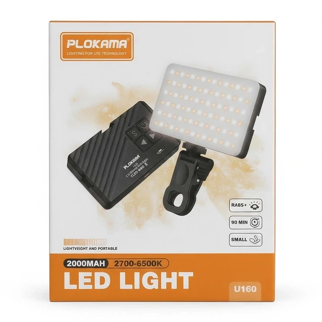 Накамерне світло PLOKAMA U160 LED 2700-6500K з акумулятором 2000 мАг та кріпленням-кліпсою Чорний - зображення 2