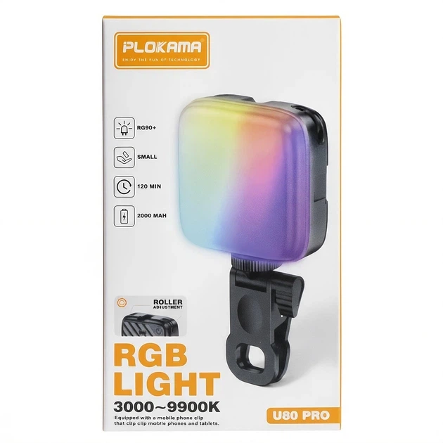 Накамерный RGB LED свет PLOKAMA U80 Pro 3000K-9900K 2000 mAh с креплением для телефона и камеры Черный - Фото 2 Накамерный RGB LED свет PLOKAMA U80 Pro 3000K-9900K 2000 mAh с креплением для телефона и камеры Черный - изображение 2