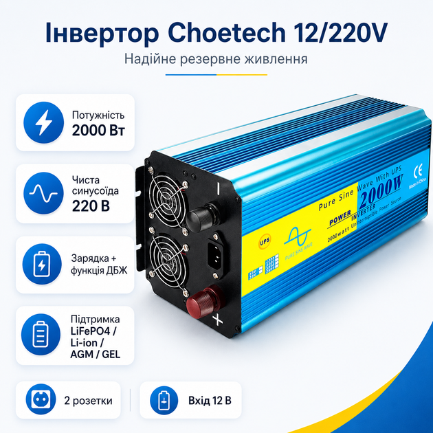 Інвертор Choetech 12/220V 2000Вт із зарядкою та функцією ДБЖ чиста синусоїда (INV-C2000WUPS-EU) - зображення 2