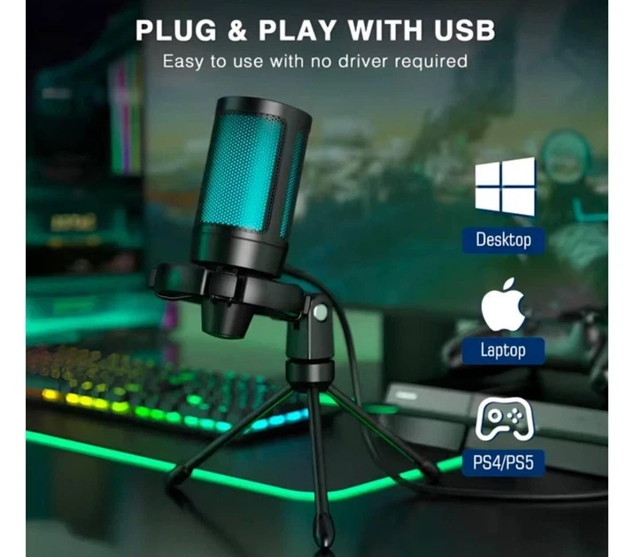 Микрофон FIFINE AmpliGame A2 USB RGB игровой конденсаторный для ПК ноутбука PS4 PS5 MacBook со штативом черный - изображение 7