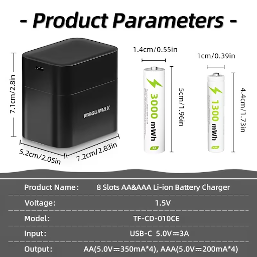 Зарядний кейс MOGUIMAX + Набір літієвих акумуляторів (4×AA 3000mWh + 4×AAA1300mWh) - Фото 7 Зарядний кейс MOGUIMAX + Набір літієвих акумуляторів (4×AA 3000mWh + 4×AAA1300mWh) - изображение 7