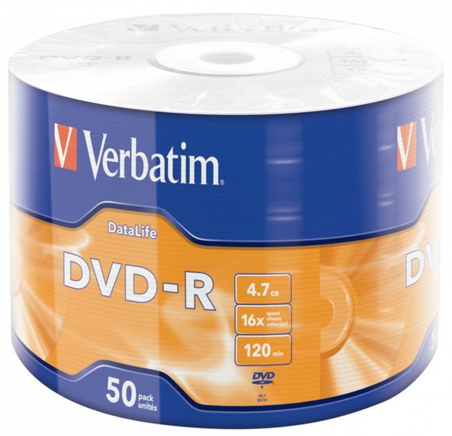 Диск Verbatim DVD-R 4,7Gb 16x DATA LIFE Tape Wrap 50 pcs (43791) (6267030) - Фото 1 Диск Verbatim DVD-R 4,7Gb 16x DATA LIFE Tape Wrap 50 pcs (43791) (6267030) - изображение 1