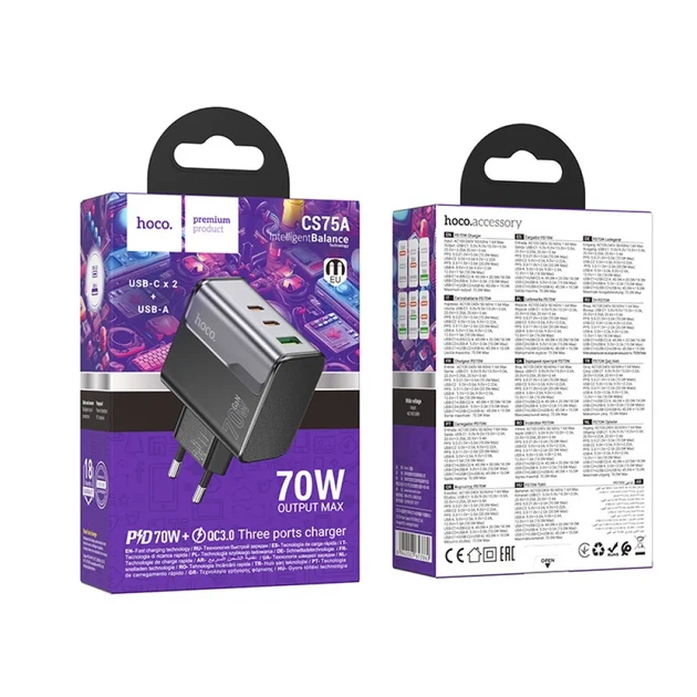 Мережевий зарядний пристрій Hoco CS75A 70W, 3 порти (2×USB-C + USB-A), PD, QC3.0, швидка зарядка, адаптер живлення, чорний - зображення 2