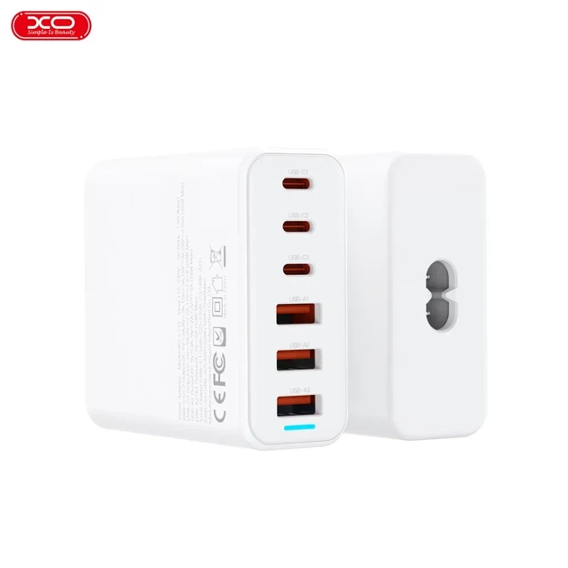 Мережевий зарядний пристрій XO L133 75W GaN, 6 портів (3×USB-C + 3×USB-A), Power Delivery + QC, швидка зарядка, адаптер живлення, білий - Фото 3 Мережевий зарядний пристрій XO L133 75W GaN, 6 портів (3×USB-C + 3×USB-A), Power Delivery + QC, швидка зарядка, адаптер живлення, білий - зображення 3