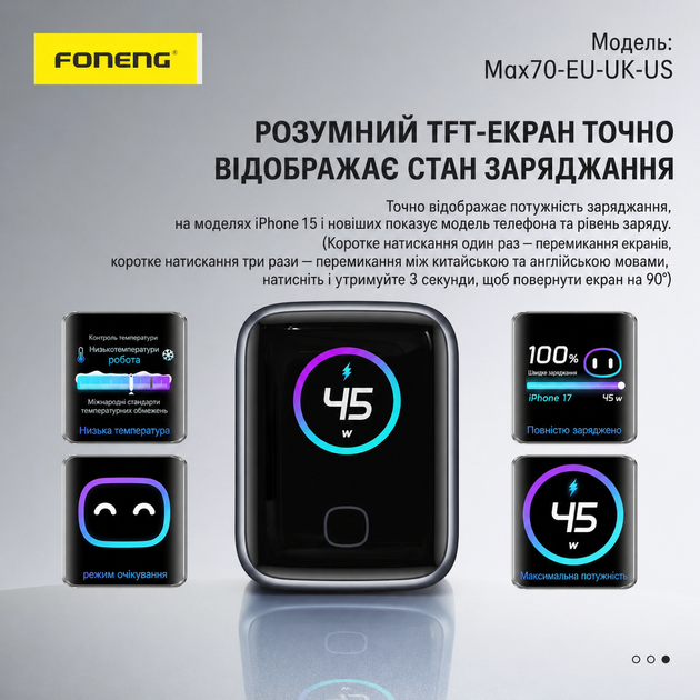 Зарядное устройство Foneng Display HuB 45W GaN мощное универсальное с индикатором заряда портативный адаптер с быстрой зарядкой блок питания USB-A и USB-C энергоэффективный для телефонов планшета айфона и самсунга Apple iPhone Samsung - Фото 5 Зарядное устройство Foneng Display HuB 45W GaN мощное универсальное с индикатором заряда портативный адаптер с быстрой зарядкой блок питания USB-A и USB-C энергоэффективный для телефонов планшета айфона и самсунга Apple iPhone Samsung - изображение 5