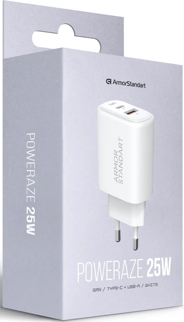 Мережевий зарядний пристрій ArmorStandart Poweraze 25W GaN Type-C + USB-A (ARM87067) (White) - Фото 4 Мережевий зарядний пристрій ArmorStandart Poweraze 25W GaN Type-C + USB-A (ARM87067) (White) - изображение 4