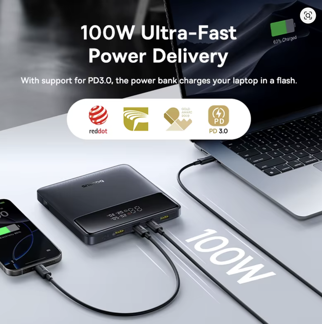 Power Bank Baseus 20000mAh 100W PD швидка зарядка | USB-C + 2 USB-A, портативний акумулятор для ноутбука MacBook, iPhone, Samsung, - зображення 3