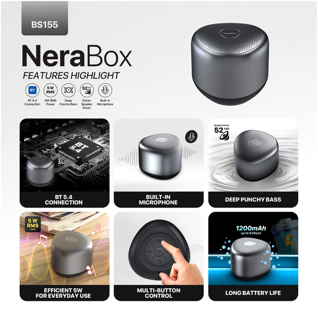 Портативная колонка FANTECH BS155 NeraBox мощность 5 Вт Bluetooth 5.4 серый ABS пластик для музыки и звонков - Фото 8 Портативная колонка FANTECH BS155 NeraBox мощность 5 Вт Bluetooth 5.4 серый ABS пластик для музыки и звонков - изображение 8