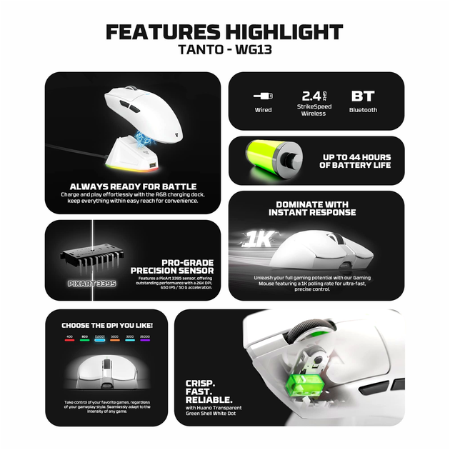 Беспроводная игровая мышь Fantech WG13 Tanto 26000 DPI 58 г белая с RGB подсветкой и магнитной зарядкой - Фото 7 Беспроводная игровая мышь Fantech WG13 Tanto 26000 DPI 58 г белая с RGB подсветкой и магнитной зарядкой - зображення 7