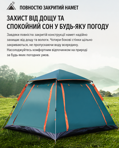 Намет автоматичний 4-місний туристичний з навісом 210×210×142 см саморозкладний кемпінгова палатка для відпочинку зелена - Фото 3 Намет автоматичний 4-місний туристичний з навісом 210×210×142 см саморозкладний кемпінгова палатка для відпочинку зелена - зображення 3