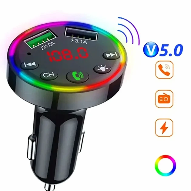 Автомобильный Bluetooth FM-трансмиттер 2 USB 3.1A зарядка для авто CTC-109 LED дисплей RGB подсветка - изображение 3