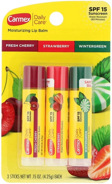 Акція на Набір бальзамів для губ Carmex 3-Pack: Sticks (Cherry, Strawberry, Wintergreen) SPF15 3x4.25 г від Rozetka