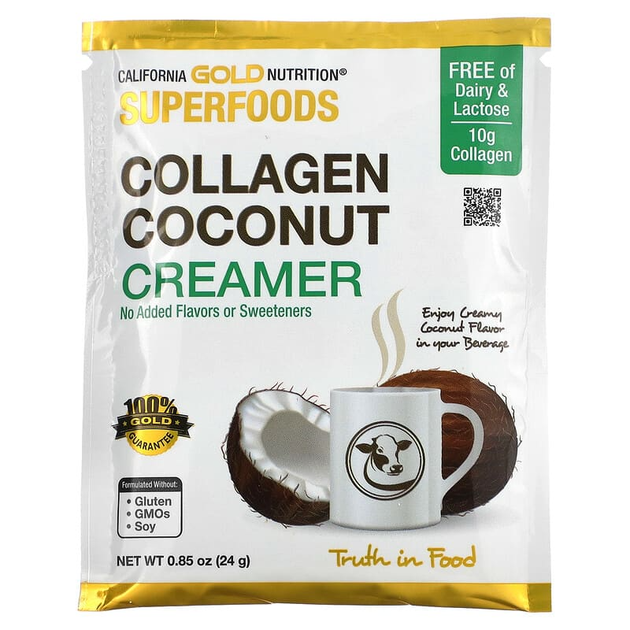 Кокосові вершки з колагеном California GOLD Nutrition, Superfoods "Collagen Coconut Creamer" без підсолоджувачів (12 пакетиків по 24 г) - Фото 3 Кокосові вершки з колагеном California GOLD Nutrition, Superfoods "Collagen Coconut Creamer" без підсолоджувачів (12 пакетиків по 24 г) - зображення 3