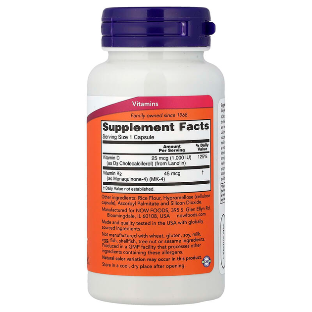 Вітамін D3 + К2, NOW Foods "Vitamin D-3 & K-2" для здоров'я кісток і серця (120 капсул) - зображення 2