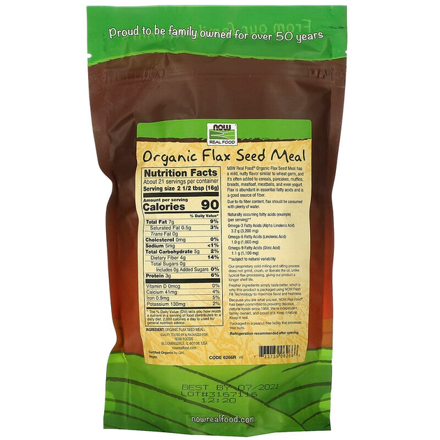 Мука из органических семян льна NOW Foods, Real Food "Flax Seed Meal" сертифицированная, органическая (340 г) - изображение 2
