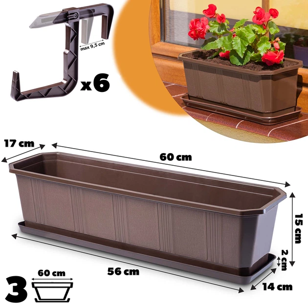 Doniczka balkonowa z uchwytami Kadax Oste 60 cm 3 szt Brązowa (K8225) (5903699475171) - obraz 2