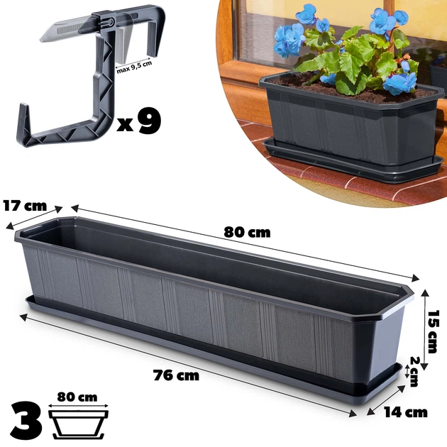Doniczka balkonowa z uchwytami Kadax Oste 80 cm 3 szt Grafitowa (K8233) (5903699475256) - obraz 2
