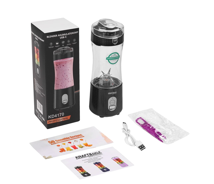 Акумуляторний блендер Kraft&Dele 0,38 л 20000 об/хв USB-C 6000 мА·год ПК+ABS чорний - зображення 3