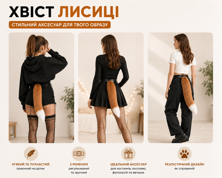 Хвост лисы с белым кончиком – мягкий плюш, идеален для косплея, вечеринок и ролевых игр! 45 см - изображение 3