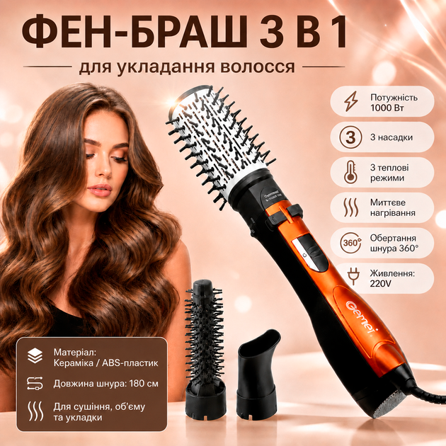 Фен браш 3 в 1 стайлер для укладки волос Gemei GM-4828 с насадками 1000Вт - Фото 1 Фен браш 3 в 1 стайлер для укладки волос Gemei GM-4828 с насадками 1000Вт - изображение 1