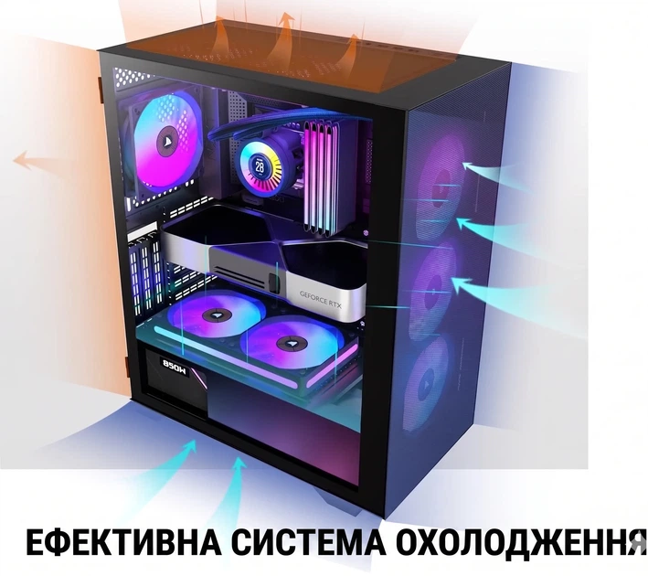 Корпус KEDIERS H05 / Без БП / Mid Tower / 6 ARGB PWM Fans / Стекло на петлях / ATX / Black - изображение 2