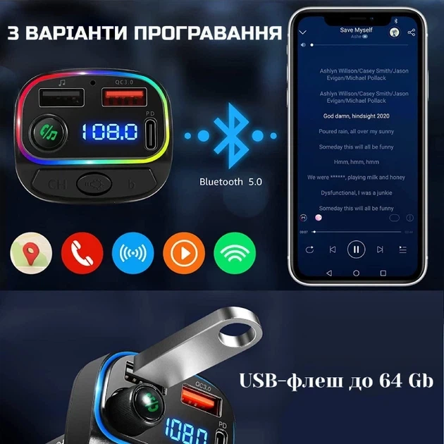 Автомобильный FM трансмиттер C14 с Bluetooth 5.0, громкой связью и быстрой зарядкой - изображение 7