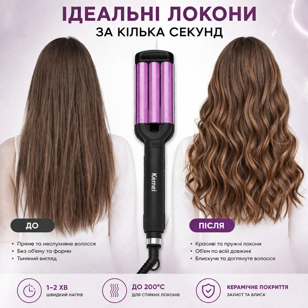 Тройная плойка для волос щипцы для локонов укладки и волн, керамическое покрытие, черно-розовая завивка три волны компактная - изображение 3
