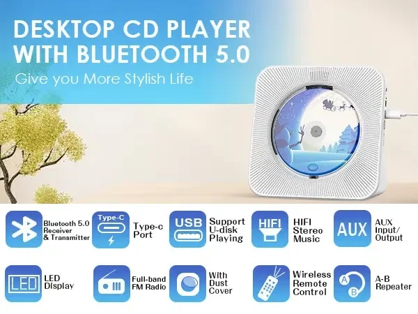 CD плеер Bluetooth колонка USB AUX FM радио с динамиками музыкальный проигрыватель от сети настенный монтаж для дома с пультом Type-C от сети - изображение 2