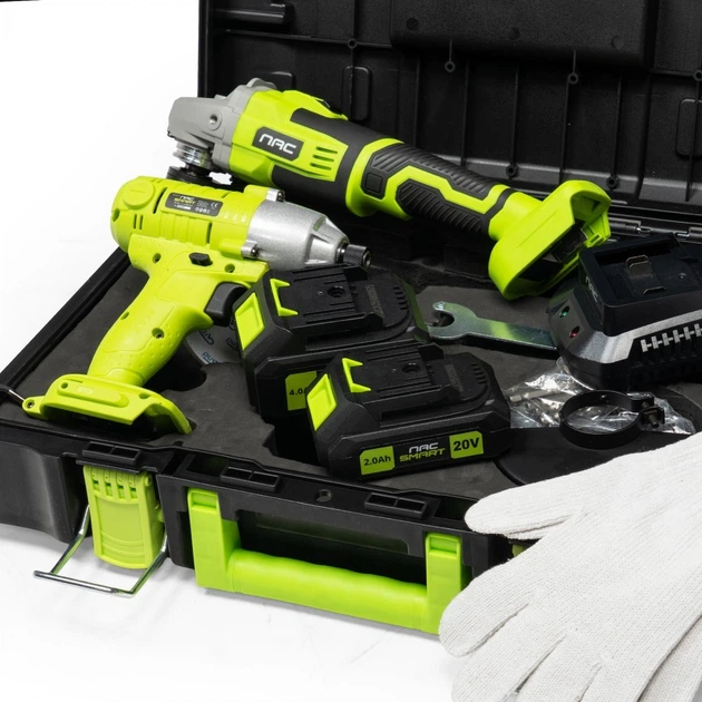 Набір Nac SMART NS-SET3-20V ударний гайковерт + кутова шліфувальна машина + 2 акумулятори + швидкий зарядний пристрій 20 В (5905842533394) - зображення 6
