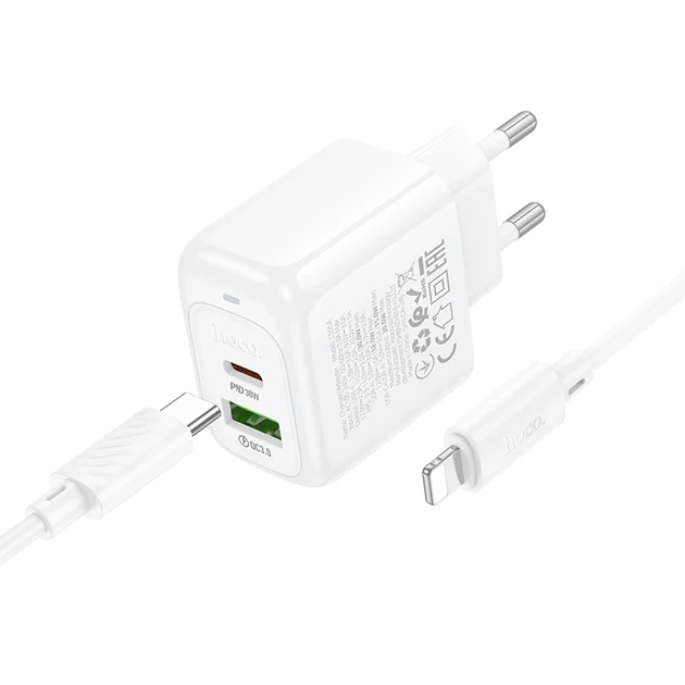 Сітчастий зарядний пристрій Hoco CS55A Surplus PD30W+QC3.0 (1USB-A/1C) + кабель Type-C to Lightning White - зображення 2