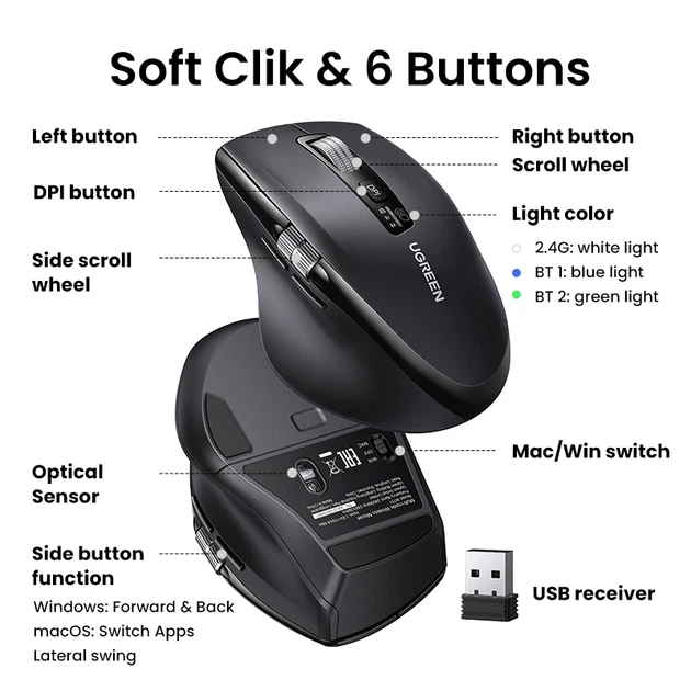 Маніпулятор миша бездротова UGREEN M751 Multi-mode Wireless Mouse Black - изображение 12