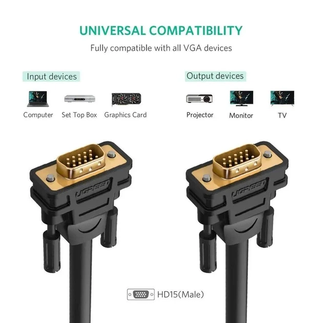 Кабель UGREEN VG101 VGA Male to Male Cable 1m (Black)(UGR-11673) - изображение 7