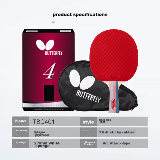 Ракетка для настільного тенісу BUTTERFLY Four-Star, ручка-ручка, двостороння зворотна гума, 5-шарове лезо, одинарна ракетка з чохлом у комплекті, модель 401 - зображення 4
