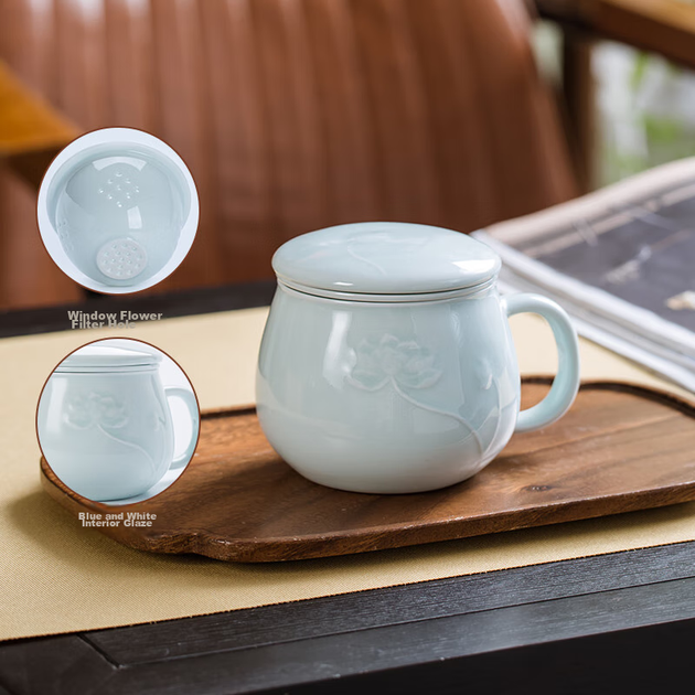 Керамічна чашка для чаю Changnan з фільтром та кришкою, чашка Jingdezhen Yingqing для дому та офісу, дизайн у формі серця лотоса в дзен-стилі - зображення 5