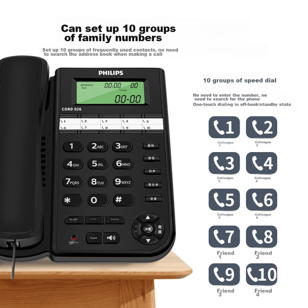 Стаціонарний телефон PHILIPS, стаціонарний телефон для офісного та домашнього використання, 10 груп чорного списку/індикатор виклику CORD026, чорний - Фото 4 Стаціонарний телефон PHILIPS, стаціонарний телефон для офісного та домашнього використання, 10 груп чорного списку/індикатор виклику CORD026, чорний - зображення 4