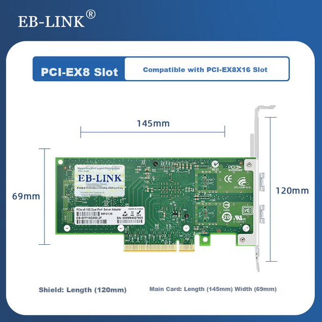 Сетевая карта EB-LINK Intel 82599 Chip PCI-E X8 10G с двумя портами оптоволоконной связи и многомодовым оптическим модулем SFP+ для серверов X520-SR2 - изображение 2