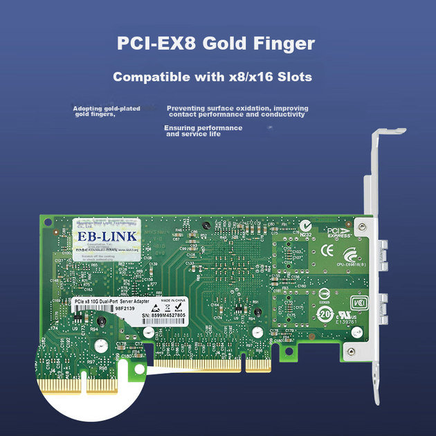 Мережева карта EB-LINK Intel 82599 Chip PCI-E X8 10G з двома портами та оптоволоконним портом X520-DA2 SFP+, мережевий адаптер сервера з оптичним портом E10G42BF - зображення 7