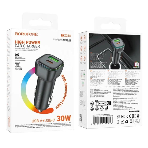 Автомобільний зарядний пристрій BOROFONE BZ28A 30W, USB-C + USB-A, PD/QC, RGB підсвітка, швидка зарядка, чорний - Фото 1 Автомобільний зарядний пристрій BOROFONE BZ28A 30W, USB-C + USB-A, PD/QC, RGB підсвітка, швидка зарядка, чорний - зображення 1