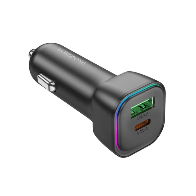 Автомобільний зарядний пристрій BOROFONE BZ28A 30W, USB-C + USB-A, PD/QC, RGB підсвітка, швидка зарядка, чорний - Фото 3 Автомобільний зарядний пристрій BOROFONE BZ28A 30W, USB-C + USB-A, PD/QC, RGB підсвітка, швидка зарядка, чорний - зображення 3