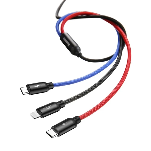Кабель Baseus 3 в 1 Three Primary Colors USB to Lightning / Micro-USB / Type-C, 3.5A, 0.3м, швидка зарядка, чорний - зображення 3