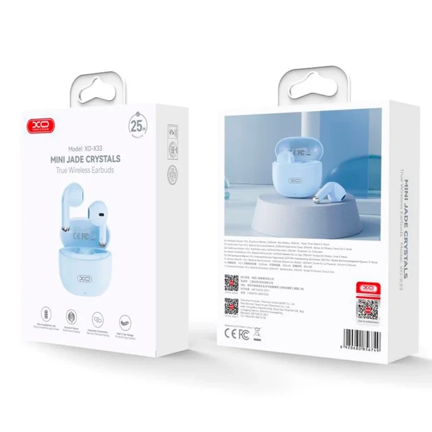 Навушники XO X33 Mini Jade Crystals TWS Bluetooth 5.3, бездротові, зарядний кейс, мікрофон, сенсорне керування, блакитні - Фото 2 Навушники XO X33 Mini Jade Crystals TWS Bluetooth 5.3, бездротові, зарядний кейс, мікрофон, сенсорне керування, блакитні - зображення 2