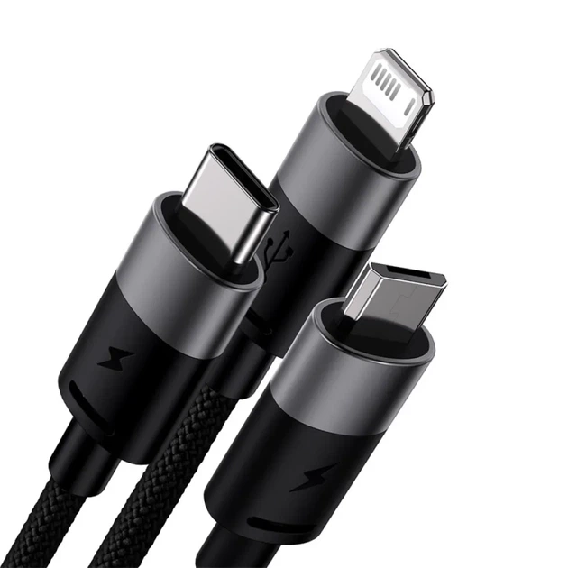 Кабель Baseus StarSpeed 3 в 1 USB to Lightning / Micro-USB / Type-C, 3.5A, 1.2м, швидка зарядка, чорний - зображення 3