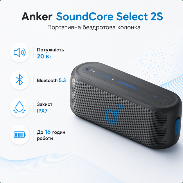 Портативная беспроводная колонка Anker SoundCore Select 2S 20W Bluetooth 5.3 IPX7 Black (A3171011) - изображение 2