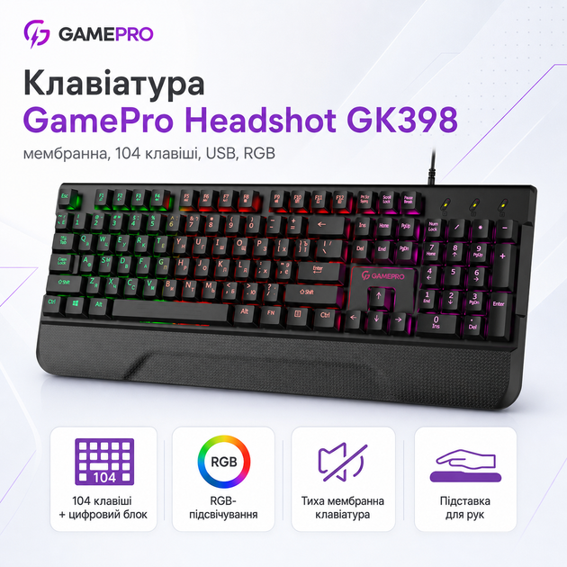 Клавіатура ігрова GamePro Headshot GK398 мембранна 104 клавіші 1.5 м USB RGB Black - зображення 2